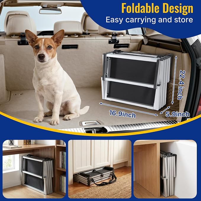 Foldable Dog Ramp for Car - Lightweight Aluminum Dog Stairs for Large Dogs, 5-Step Dogs Ladder for SUV/Truck/Indoor Bed and Sofas, Portable Pet Steps with 154 lbs Capacity