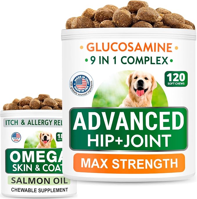 Glucosamine Treats + Omega 3 for Dogs Bundle - Senior Advanced Joint Health + Skin Allergy - Chondroitin, Omega-3 + EPA & DHA Fatty Acids - Hip & Joint Care + Itch Relief - 300 Chews - Made in USA