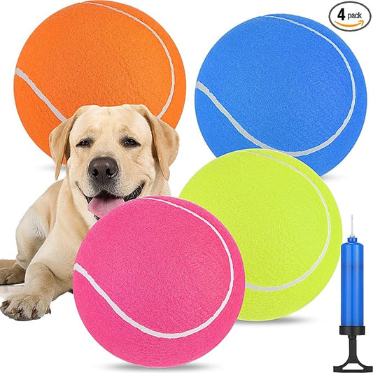 Leyndo 4 Pcs Inflatable Giant Tennis/Soccer Balls for Dogs with Pump Needle 9.5 Inch Jumbo Rubber Outdoor Indoor Interactive Large Dog Ball for Pet Training(Multicolor,Tennis)