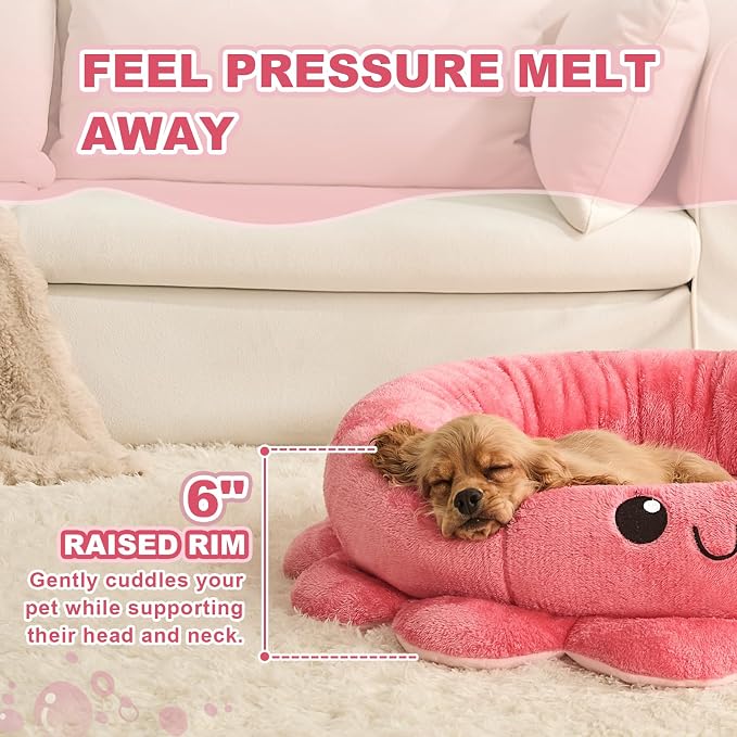 Jiupety Cute Calming Dog Beds Clearance for Large Dogs, Anxiety Bolster Dog Bed with Octopus Shape, Pink, Red, Boho, Round Pet Bed Cat with Removable Cushion
