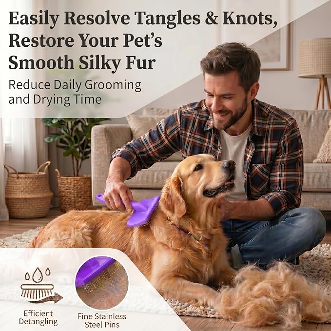 Large Slicker Brush for Dogs - 3-Piece Solid Wood Dog Grooming Kit for Doodles and Poodles - for Wavy, Curly & Matted Hair, Purple