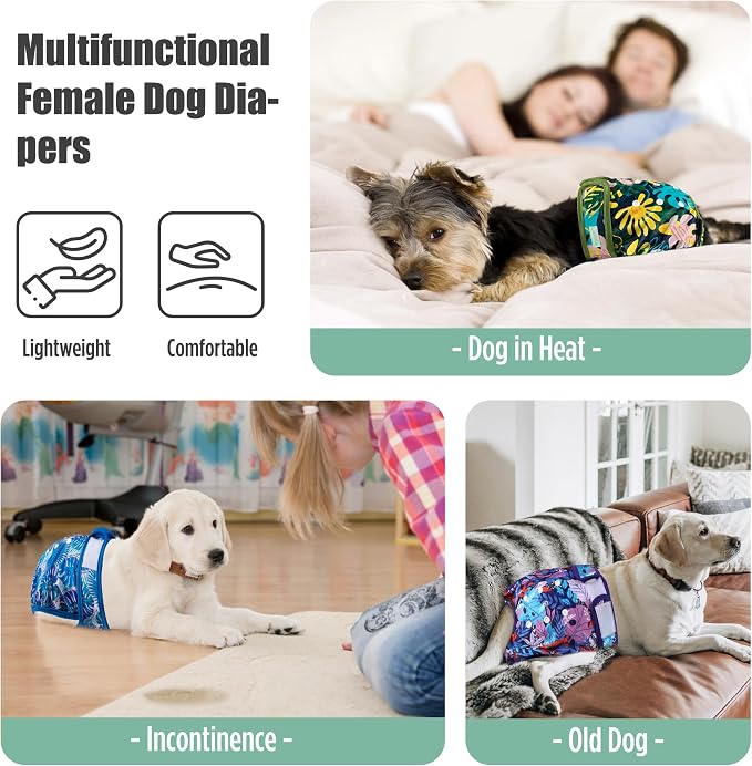 wegreeco Female Dog Diapers, Washable Reusable Pet Puppy Doggie Diapers for Small Medium Large Female Dogs in Heat Period, Doggy Period Panties, 5 Pack, Large, Leaf