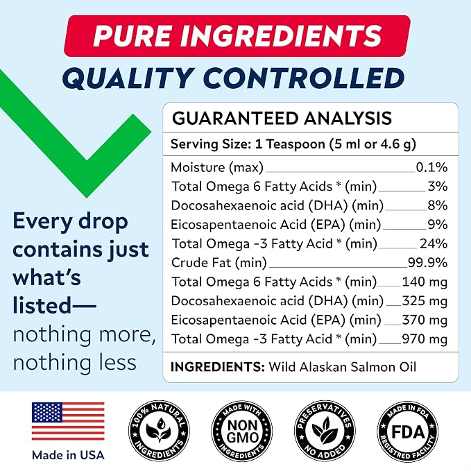 StrellaLab Wild Alaskan Salmon Oil for Dogs - Natural Omega 3 for Dogs & Cats, Itch & Allergy Relief, Skin & Coat Support - Fish Oil Liquid, EPA+DHA Fatty Acids for Hip&Joint, Immune&Heart Health 8 Oz
