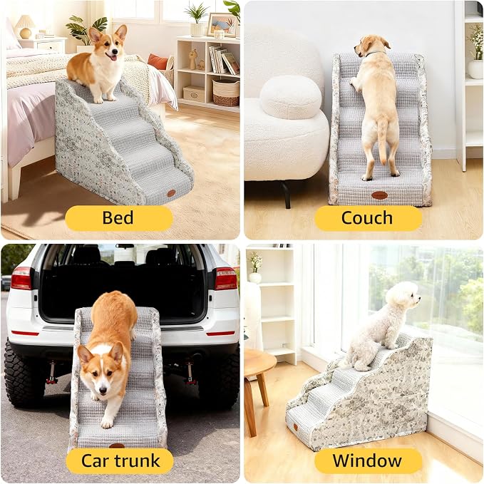 Woochpet Side Armrest Dog Stairs for High Beds Up to 26-30",5 Tier Wider Curved with Weighted Base Plate, Washable Cover Gentle Slope Steps, Bed & Couch Ladder for Small Medium Dogs & Senior Cat