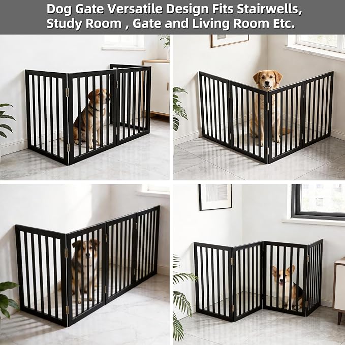 Dog Gate Indoor, Freestanding Dog Fence for The House, Doorways, Hallways,or Stairs,Pet Gate Foldable Wooden,Expandable 24" Height 4 Panels,Black
