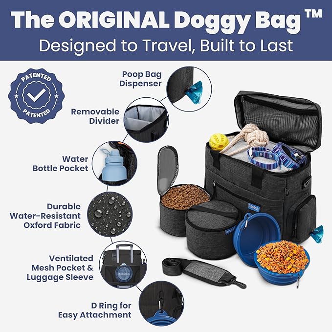 Rubyloo Original Doggy Bag (Charcoal) & 32oz Insulated Water Bottle with Attached 8oz Bowl (Rescued is My Favorite Breed) – Dog Travel Bag & Hydration Set