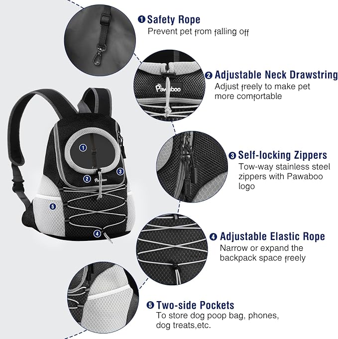Pawaboo Pet Dog Carrier Backpack, Puppy Dog Travel Front Carrier for Small Medium Dogs Cats, Adjustable Breathable Dog Carrying Backpack with Safety Strips for Hiking, Walking (Black S Up to 5 lbs)