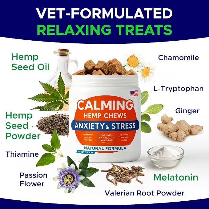 Advanced Calming Chews for Dogs - Hemp Treat + Melatonin + Valerian - Relaxing Bites - Calming Care - Stress Relief - Made in USA - Calm, Sleep Aid, Storms - 60Ct