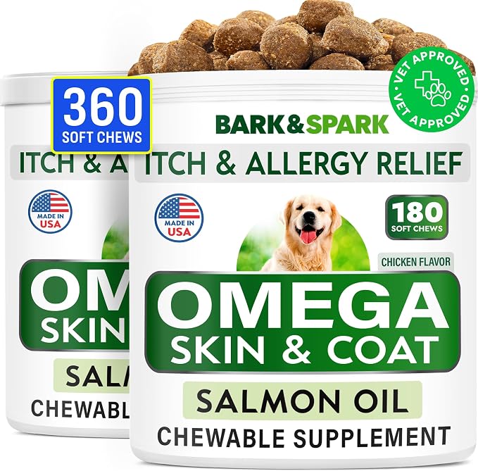 BARK&SPARK Omega 3 for Dogs - 360 Fish Oil Treats for Dog Shedding, Skin Allergy, Itch Relief, Hot Spots Treatment - Joint Health - Skin and Coat Supplement - EPA & DHA Fatty Acids - Salmon Oil
