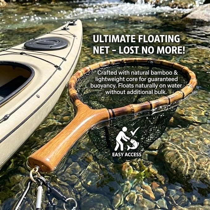 Floating Handcrafted Bamboo Fly Fishing Landing Net, Solid Wood Handle, Soft Rubber Coated Mesh for Trout, Kayak & Stream Fishing, Includes Magnetic Release & Safety Lanyard