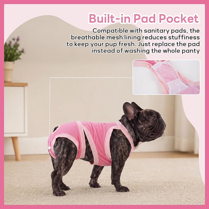 PUMYPOREITY Frenchie Diapers – Tailored for Short Back & Thick Waist, Reusable Washable Solution for Marking, Accidents, Travel & Home Use, Easy to Wear for Male or Female Dogs, Pink, L
