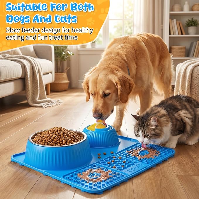Dog Lick Bowl with Rolling Ball for Liquid and Thick Treat—3 in 1 Slow Feeder Dog Bowls+Lick Mat+50oz Stainless Steel Food Bowl,Anti-Slip 5/6 Cup Licking Toy for Medium Large Dogs and Cats Blue