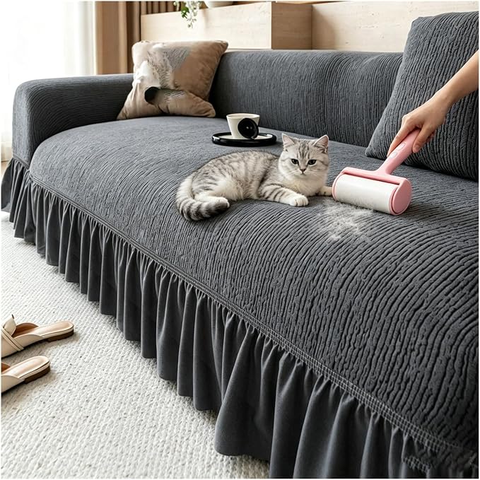Velvet Sofa Cover with Skirt,Full Coverage Non-Slip Couch Slipcover, Soft Textured Furniture Protector for Living Room with Free Pet Lint Remover Roller(Dark Gray,6-Seater)