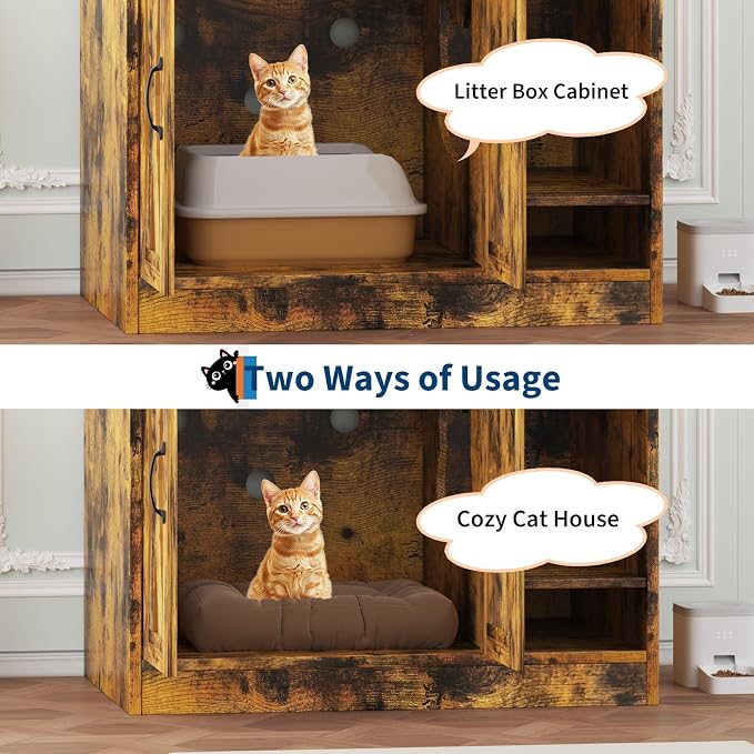 Cat Litter Box Enclosure,Hidden Litter Box Furniture with Divider,Indoor Cat House,Wooden Cat Washroom Storage Cabinet Bench, Side End Table Nightstand, 33.07" L × 23.62" W × 23.92" H,Rustic Brown