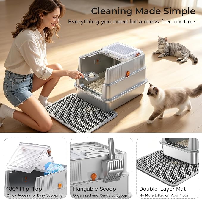 URPOWER Stainless Steel Cat Litter Box with Lid 180° Flip-Top Enclosed Kitty Litter Box Non-Sticky Metal Pan with High Sided & Scoop for Kitten, Small Cats, Odor Free, Anti-Leakage, Easy Cleaning