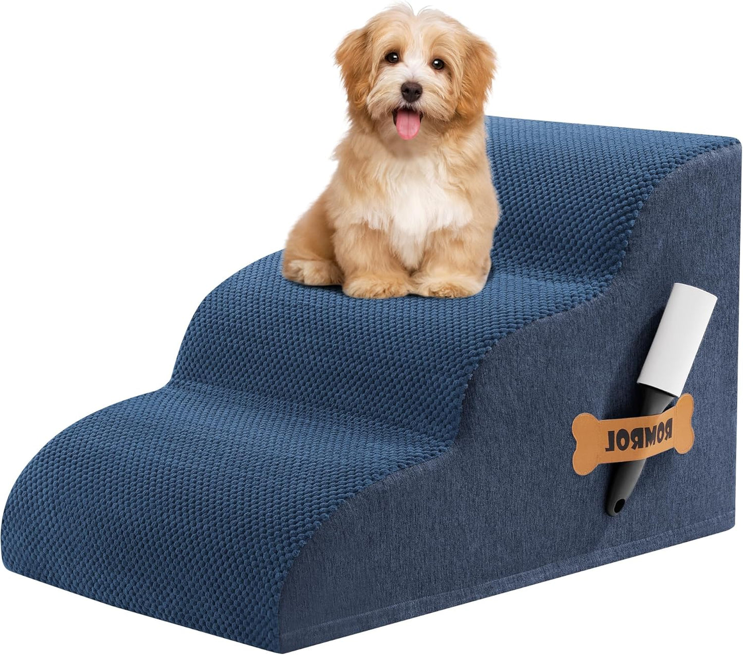 Romrol Dog Stairs Ramp for Beds Couches, Extra Wide Pet Steps with Durable Non-Slip Waterproof Fabric Cover, Dog Slope Stairs for Small Dogs and Cats or Pets Friendly, 3-Tiers, 13 Inch,Dusty Blue