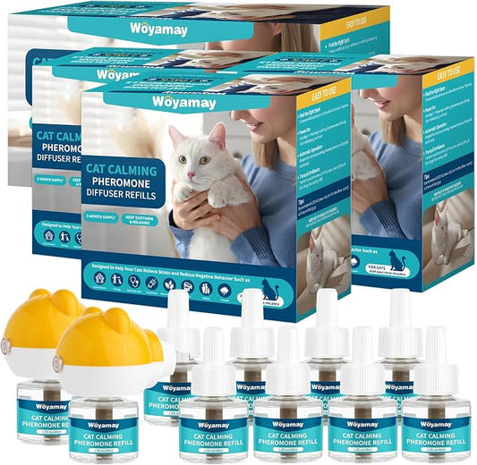 12-in-1 Cat Calming Diffuser - Cat Pheromones Calming Diffuser for Cat Anxiety Relief, Cat Pheromone Diffuser Kit with 2 Diffuser + 10 Refill 48ml Vial - 300 Days Pheromone Diffuser to Calm Cats