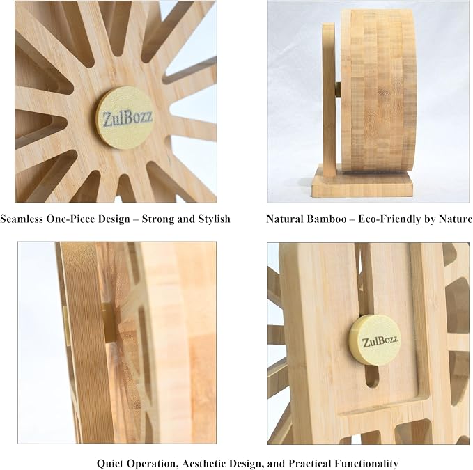 7" Silent Hamster Wheel, Carbonized Bamboo Exercise Spinner with Adjustable Stand for Dwarf Hamsters, Roborovski & Small Mice