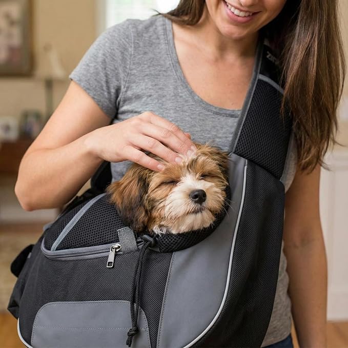 Hands-Free Sling Pet Carrier for Cats and Small Dogs up to 7lbs – Travel Set Includes Foldable Water Bowl & ID Card – Breathable Mesh, Safety Hook & Adjustable Padded Strap for Walking & Travel