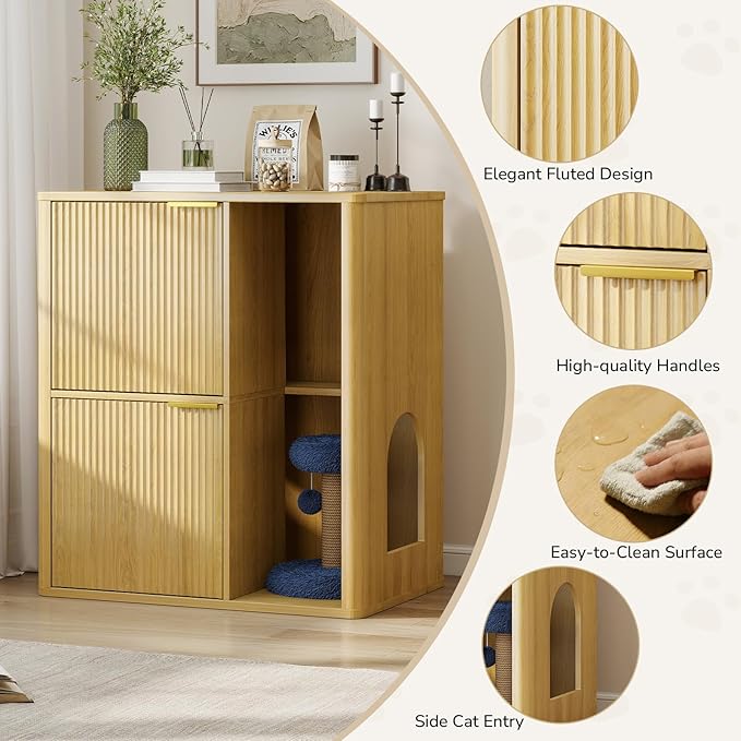 Rovibek Double Cat Litter Box Enclosure Furniture, Fluted Hidden Litter Box Enclosure for 2 Cats with Double Room, Mid Century Dual Cat Litter Cabinet with Scratching Post, Dangling Ball, Natural
