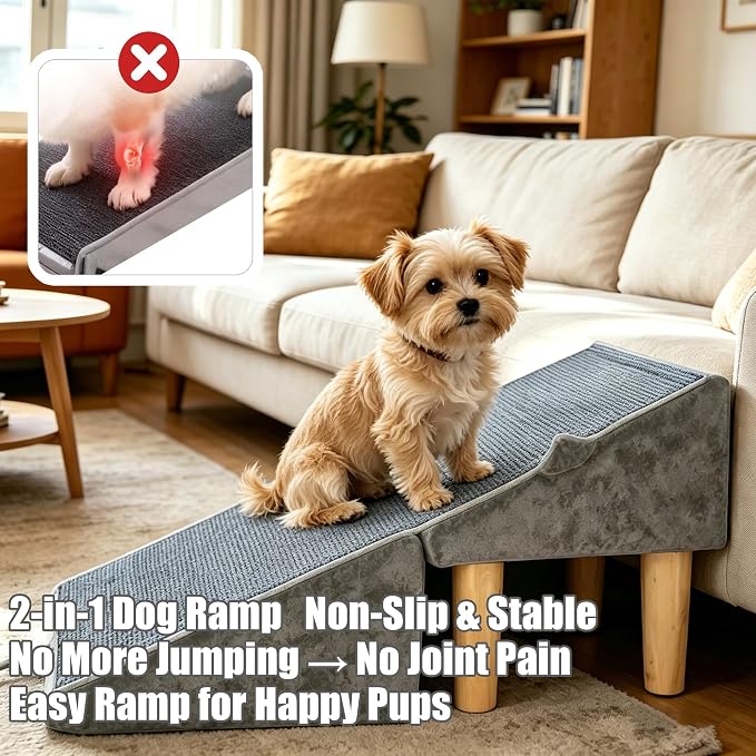 Split Ottoman Dog Ramp for Small Dogs and Cats – 2-in-1 Foldable Wooden Pet Ramp and Stairs for Couch and Low Bed, or Ottoman, Non-Slip and Portable, Black