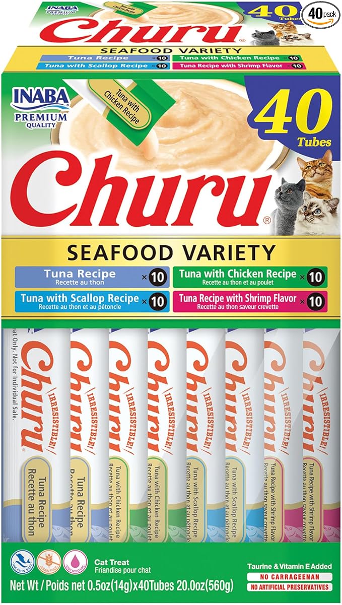 INABA Churu Cat Treats, Lickable, Squeezable Creamy Purée Cat Treat with Green Tea Extract & Taurine, 0.5 Ounces Each Tube, 40 Tubes, Tuna & Seafood Variety Box