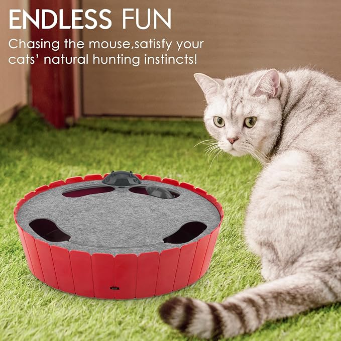 Pawaboo Interactive Cat Toy with Running Mouse, Electronic Motion Cat Toy Automatic Teaser for Indoor Cats, Pop and Play Hide Seek Cats Toys Hunting Mouse for Pet Kitten Play Fun Exercise, Red