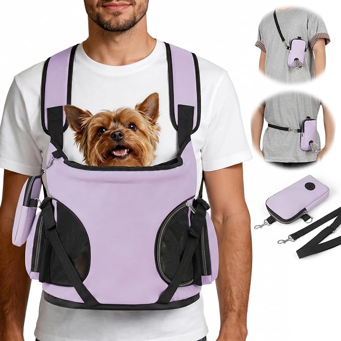 YUDODO Dog Front Backpack Carrier 7-15 lbs, Soft Breathable Pet Front Facing Carrier with Adjustable Straps, Multi-Pocket Design, for Small Dogs & Cats (with Detachable Sling Pouch - Purple)