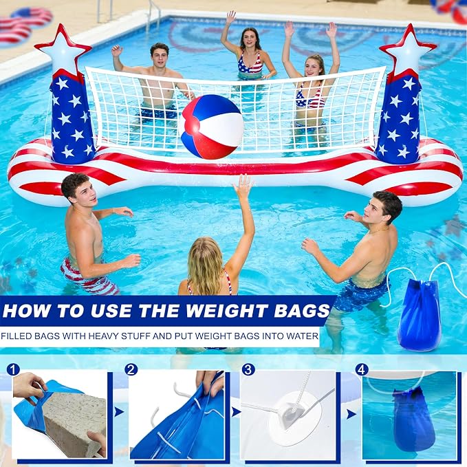 250th Anniversary American Flag Inflatable Pool Games Large Volleyball Net Pool Floats Set with 9" Beach Ball – 4th of July Floating Swimming Game Toy for Adults, Perfect for Patriotic Party Summer