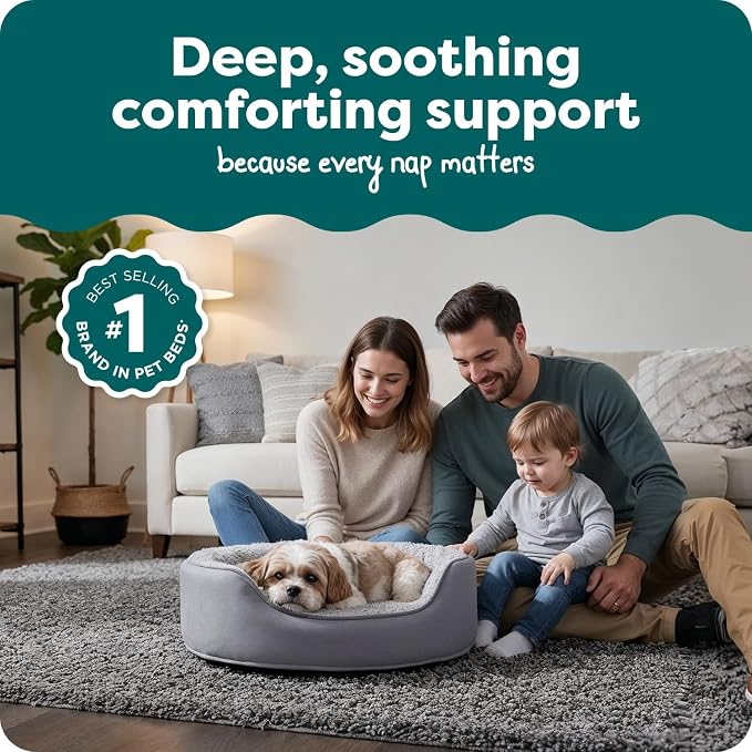 FurHaven Dog Bed for Small Dogs, Oval Lounger with Soft Pillow Cushion Insert for Cozy Comfort, Removable Washable Cover, Small, Faux Fur & Suede, Gray