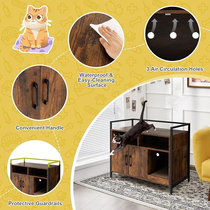 Tangkula Litter Box Enclosure, Cat Litter Box Furniture Hidden w/Metal Frame, Scratching Board, Storage Compartment, Wooden Cat Washroom, Indoor Cat House Side Table, Cat Box Cabinet (Rustic Brown)