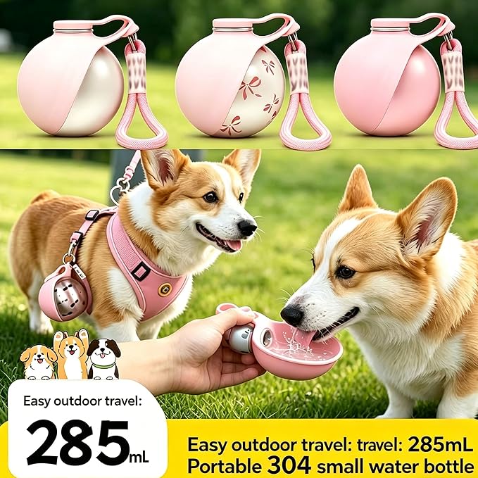 Portable Dog Water Bottle, 304 Stainless Steel Foldable Pet Water Cup, Leak-Proof Travel Water Dispenser with Foldable Silicone Bowl, 285ml Large Capacity for Dogs Cats Outdoor Walking Hiking