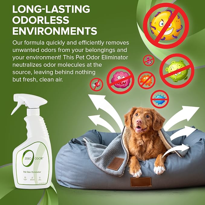 Zero Odor - Pet Odor Eliminator Bundle- Eliminate Air & Surface Odors – Patented Molecular Technology Best for Carpet, Furniture, Pet Beds - Smell Great Again, 16oz & 64oz Refill
