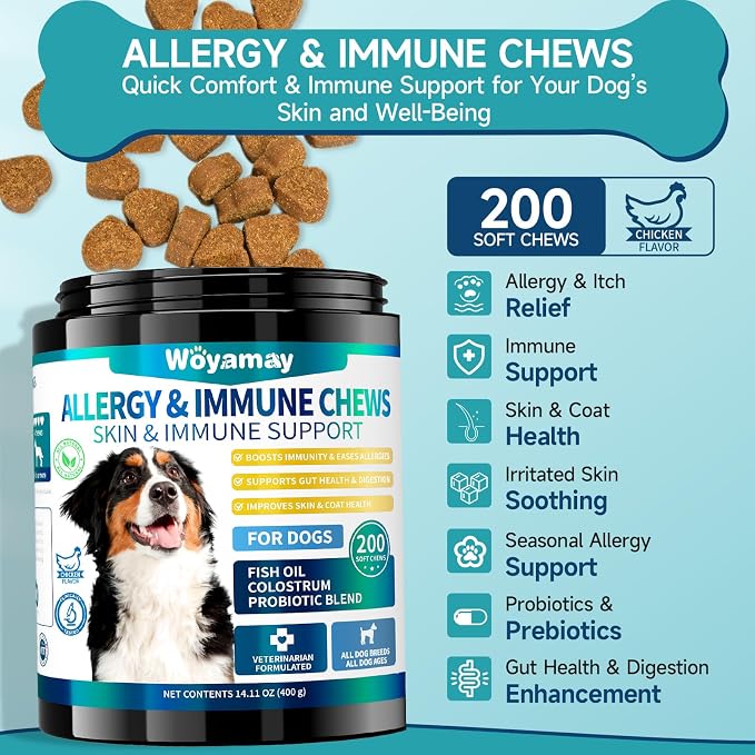 Woyamay Dog Allergy Relief & No Chew Spray Bundle - 200 Anti-Itch Chews with Omega 3, Turmeric & Bitter Apple Spray for Licking, Chewing & Skin Irritations - Itch & Behavior Control