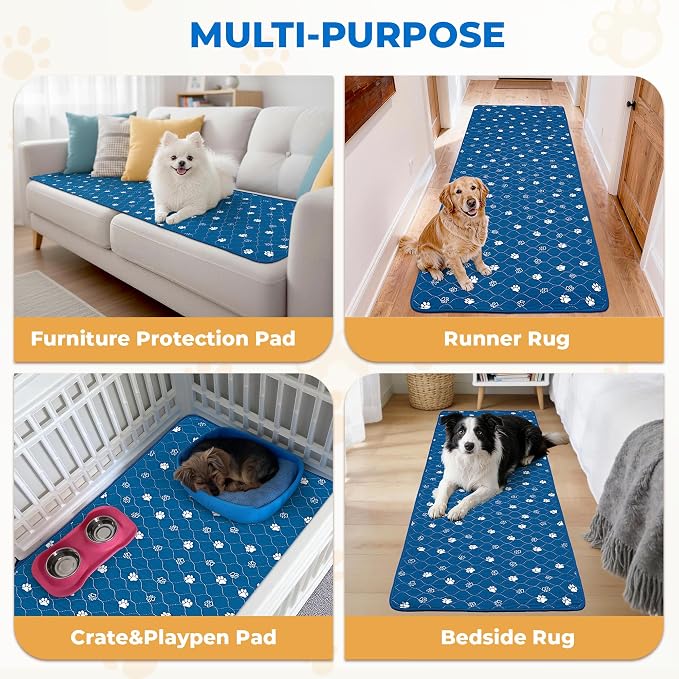 Fostanfly Washable Dog Pee Pads, 1 Pack 24''x72''(2x6ft) Non Slip Reusable Puppy Pee Pads with Great Urine Absorption, Dog Mats for Whelping, Potty, Runner Rug for Hallway, Entryway, Bedroom, Blue