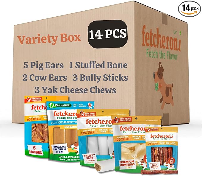 Dog Treat Variety Box - Variety Box Consists of 5 Pig Ears, 3 Yak Cheese Chews, 3 Bully Sticks, 2 Cow Ears, and 1 Dog Bone - Long Last Dog Chew Treats - All Treats are 100% Natural