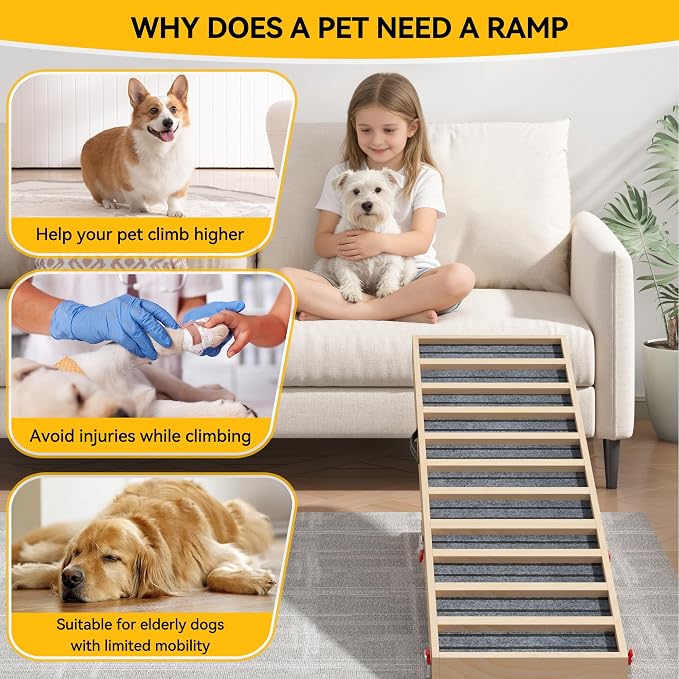 Dog Ramp for Bed, Couch, Car-55 L Gentle Slope Folding Pet Ramp with Non-Slip Surface and Metal Reinforced-High Traction,4 Adjustable Heights 18"-25", Supports 176lbs for Small Medium Large Dogs