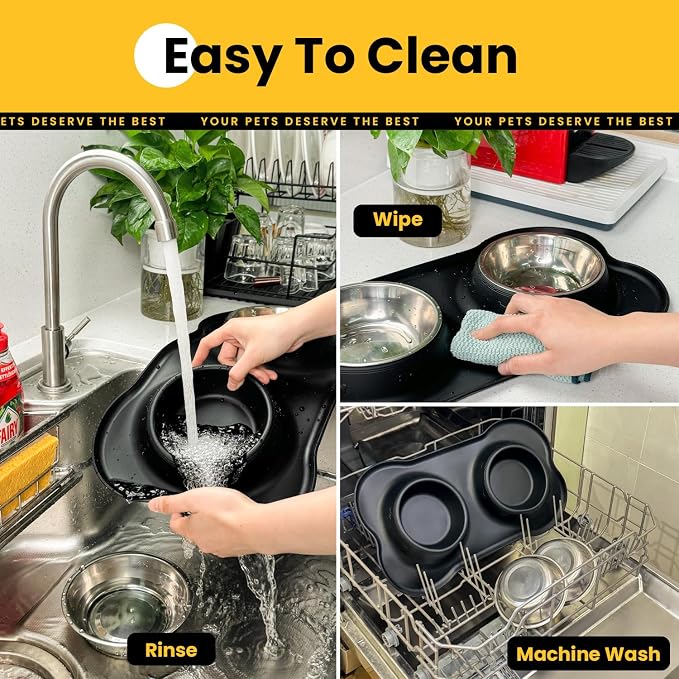 Conlun Medium Pet Feeding Station, 29oz Stainless Steel Dog Bowls Set, No Spill Food & Water Dishes with Non Slip Silicone Mat for Breeds Up to 55 Lbs,Black