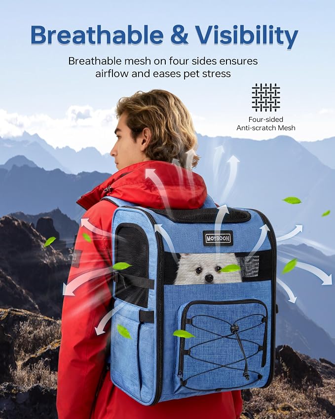 Hiking Dog Carrier Backpack, Padded Height-Enhancing Design, Adjustable Waist Cushioning Belt with Breathable Padded Back Support, Dog Carrier Backpack for Small Dogs Max 13LB Blue with Pad