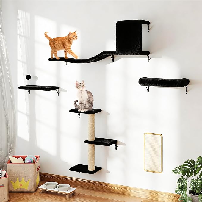 COZIWOW 5-Piece Cat Tree Set with Wall Mounted Cat Shelves, Cat Scratching Post & Cat Wall Furniture, Multi-Functional Indoor Cat Jungle Gym, Essential for Cat Room, Suitable for Large Cats (Black)