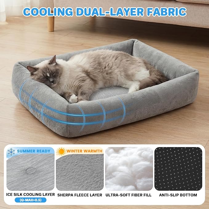 Cooling Dog Bed for Large Dogs - Removable Inner Cushion & Reversible Design (Ice‑Silk Cooling Layer | Sherpa Fleece Layer), Non‑Slip Bottom Washable Medium Mat for Crates, Beds, Sofas 24" × 15"