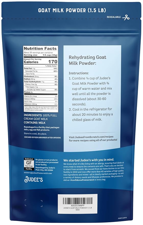 Judee's Goat Milk Powder 1.5 lb - Blends Well in Smoothies and Great for Baking - Convenient for Travel, Hiking, and Camping - Non-GMO, Gluten-Free and Nut-Free