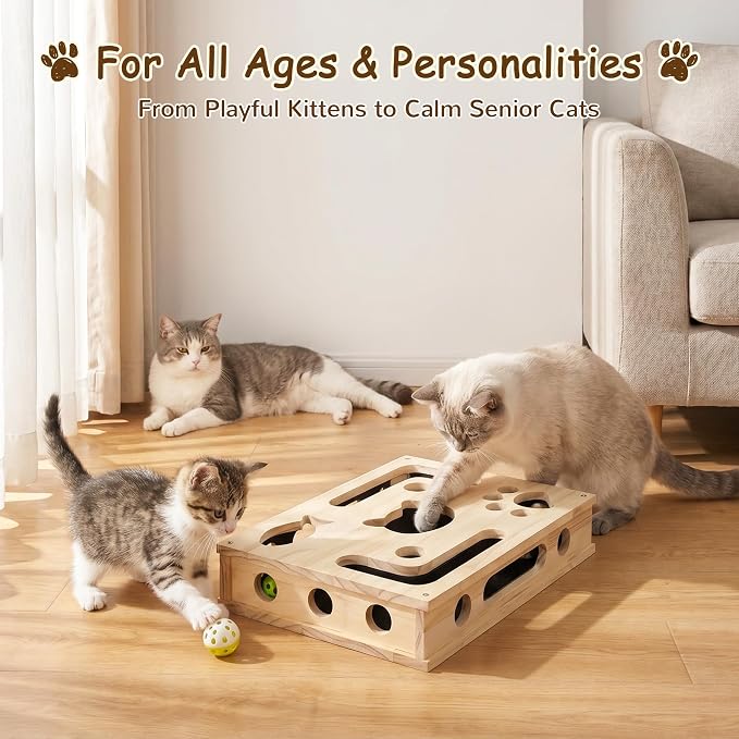 Cat Nail File Box, Interactive Wooden Cat Scratch Puzzle Toy with Sandpaper, Includes 3 Bell Balls & 3 Replacement Pads for Indoor Cats, Stress-Free Enrichment Claw Care (Large)