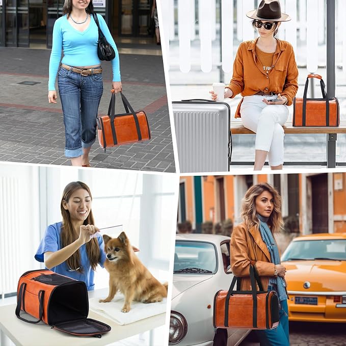 Lasaviin Fashion Leather Dog Carrier Cat Carrier Airline Approved Pet Carrier for Small Medium Dogs Cats Under 15Lbs, Collapsible Soft Sided Travel Puppy Carrier Brown