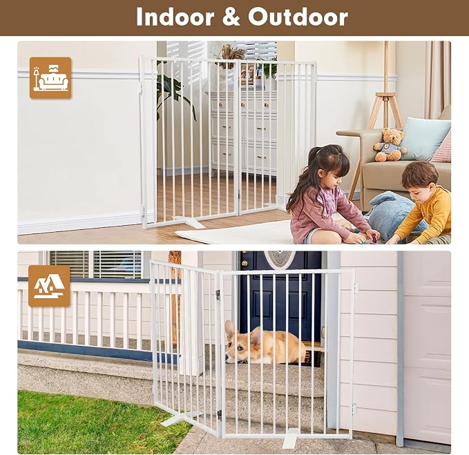 Metal Freestanding Dog Gates,Extra Wide 24", 32" Height Foldable Dog Fence for Indoor & Outdoor, Heavy Duty Freestanding Pet Barrier for Stairs, Doorways, Halls, Kitchen,Yard