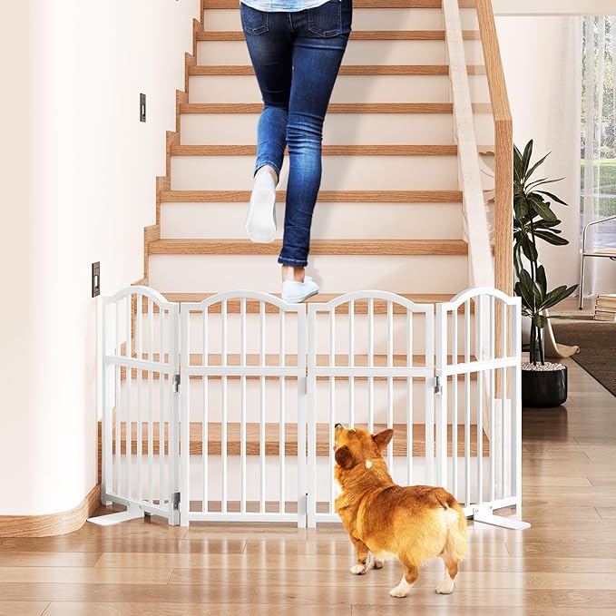 Snughome Dog Gate Indoor, 23.62" H Freestanding Short Dog Door Gates with Support Feet, Expands Up to 48’’ Wide Foldable Pet Gates for Doorways, 4 Panel Folding Pet Door Pet Fence for Puppy, White
