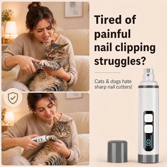 Dog Nail Grinder Quiet- 3-Speed Dog & Cat Nail Grinder with LED Light & Battery Display & Upgrade Grinding Head - Painless Nail Trimmer for Small to Large Pets, Thick Nails, and Sensitive Paws