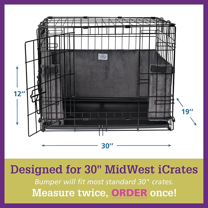 Pet Dreams Dog Crate Bumper & Mat Set- Patented Comfy Liner & Dog Tail Protector for Inside Crate, fits iCrate Cages 18, 24, 30, 36, 42, 48 Inches (Grey, Medium, 30“)