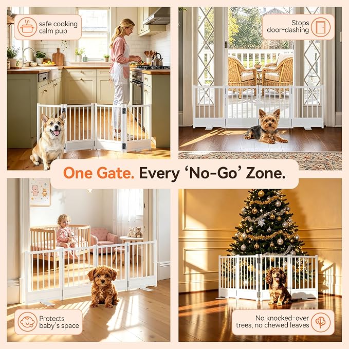 Reinforced Base Small Dog Gate, 48x15.7Inch No Drill Foldable Pet Fence, White Heavy Duty Puppy Barrier for Doorways, Modern Step-Over Metal Dog Gate for House, Anti-Tip Smooth Panel, Holds 200+ lb