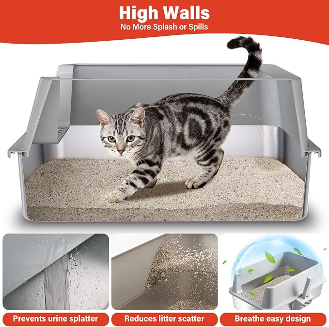 2PACK Stainless Steel Litter Box, Metal Litter Box with High Sides Lid, XL Large Cat Litter Boxes for Big Cats, Never Absorbs Odors, Anti-Urine Leakage, Easy Cleaning, Non-Stick, Include Scoop and Mat